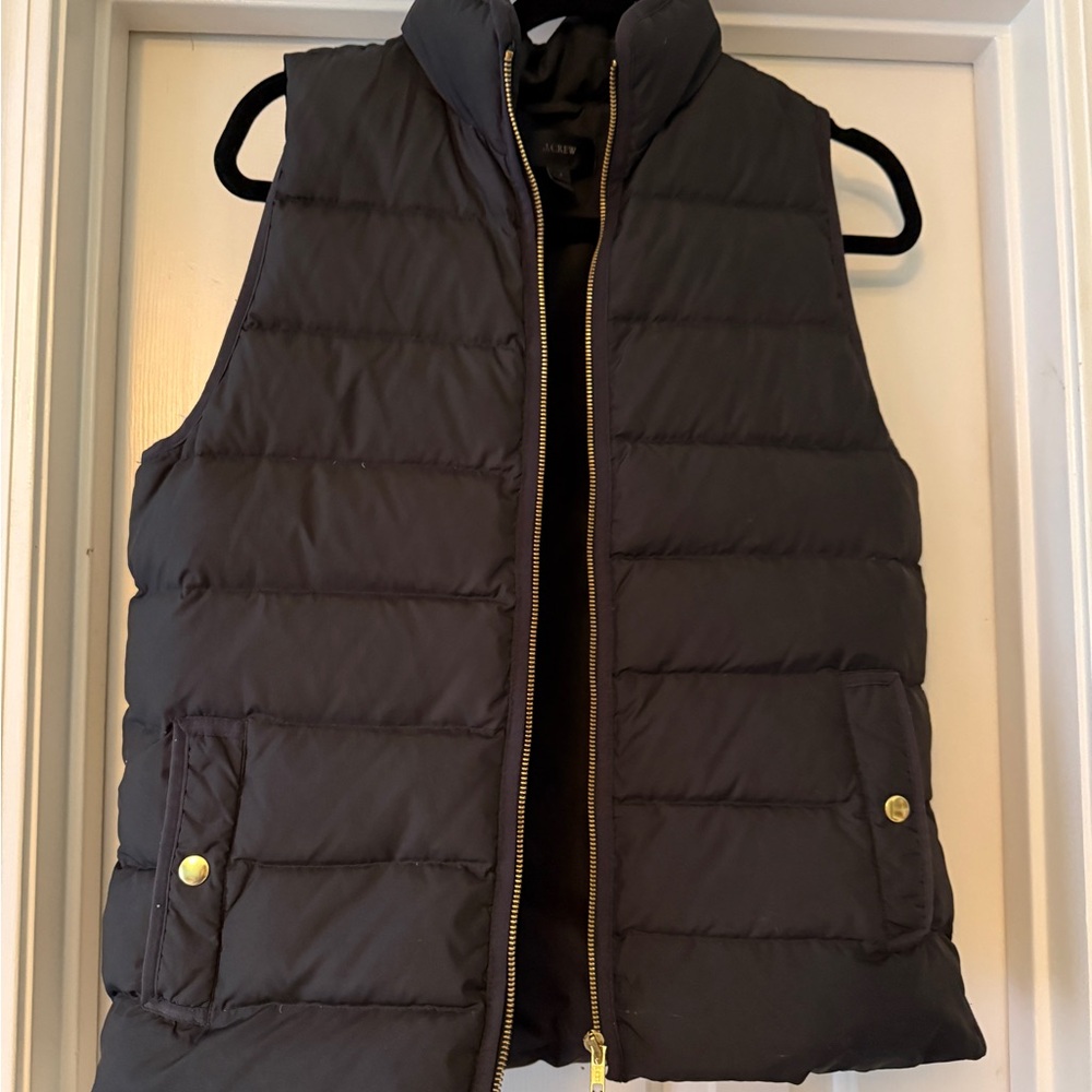 J. Crew Dark Puffer Vest with Gold Accents